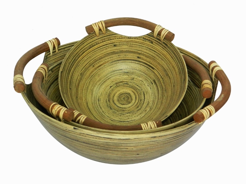 Handcrafted Bamboo Nesting Bowls with Rattan Handles - Eco-friendly Home Decor
